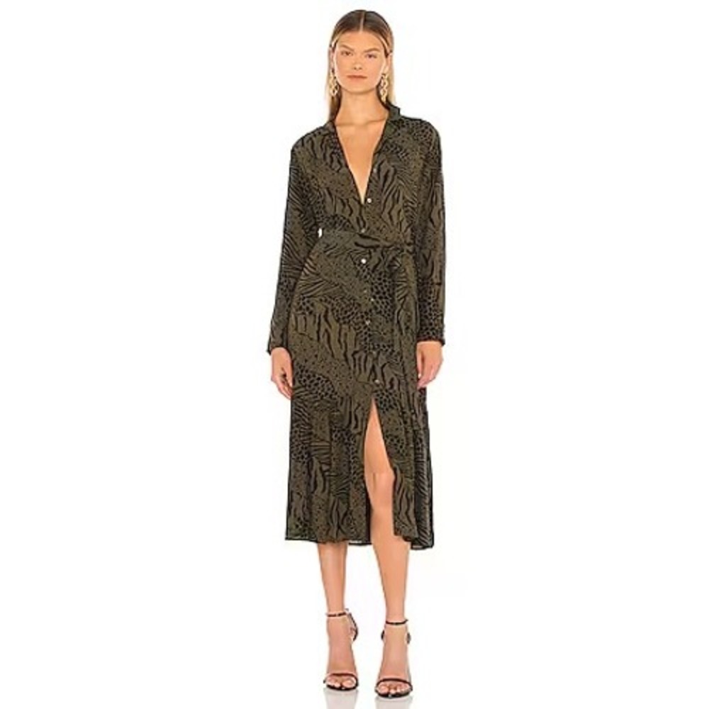 Rails Beatrice Olive Mixed Animal Stripe Midi Shirt Dress Womens Small Safari